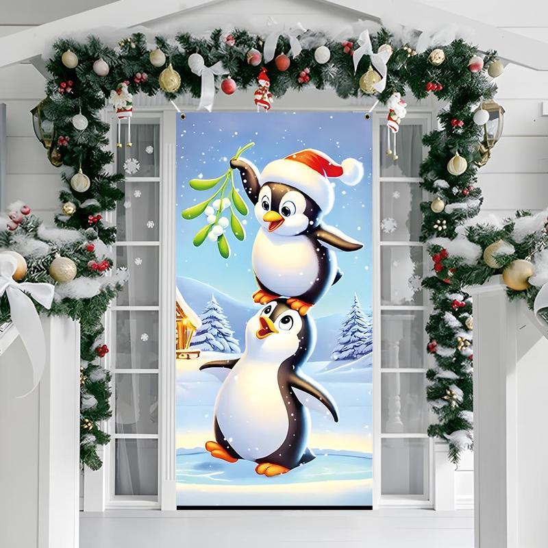 Penguin Pattern Christmas Themed Door Banner, 1 Count Cute Cartoon Penguin Door Hanging Banner, Festive Backdrop for Home Living Room Bedroom