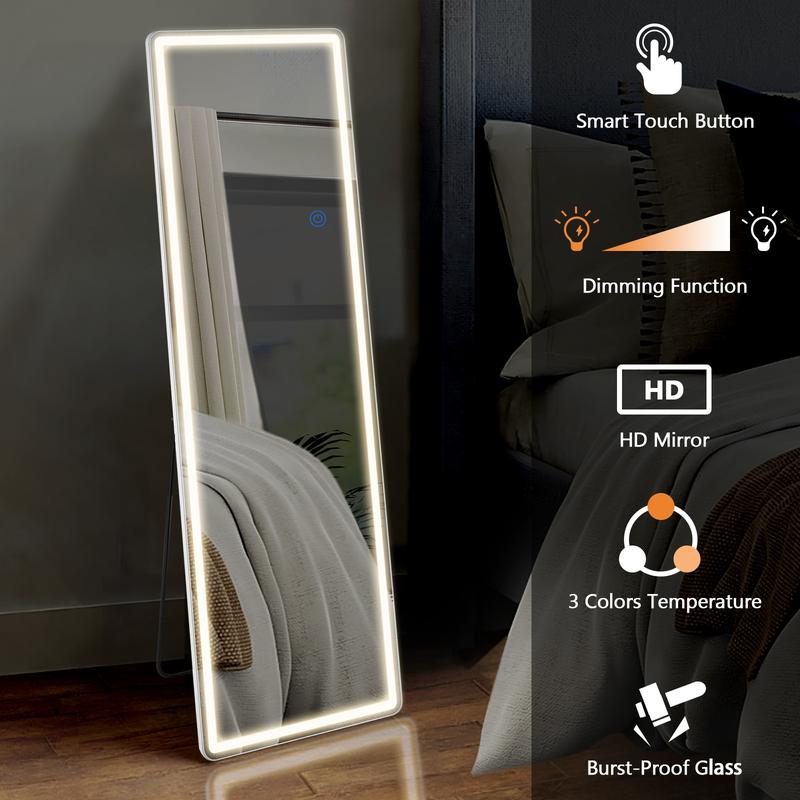 Crafted Comforts LED Illuminated Floor Mirror with Stand, 64”x21” - 3 Colors - Durable Decor Wall Glass Light, Upgraded Nano Glass Standing Switch