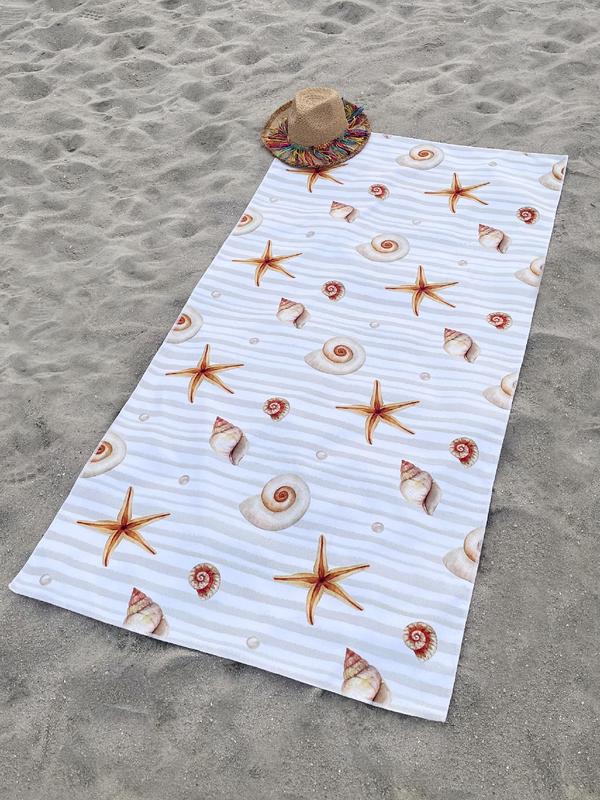 Starfish & Shell Pattern Beach Towel, Sporty Casual Quick Drying Towel for Beach Pool Swimming, Sports Quick Drying Towel for Men & Women