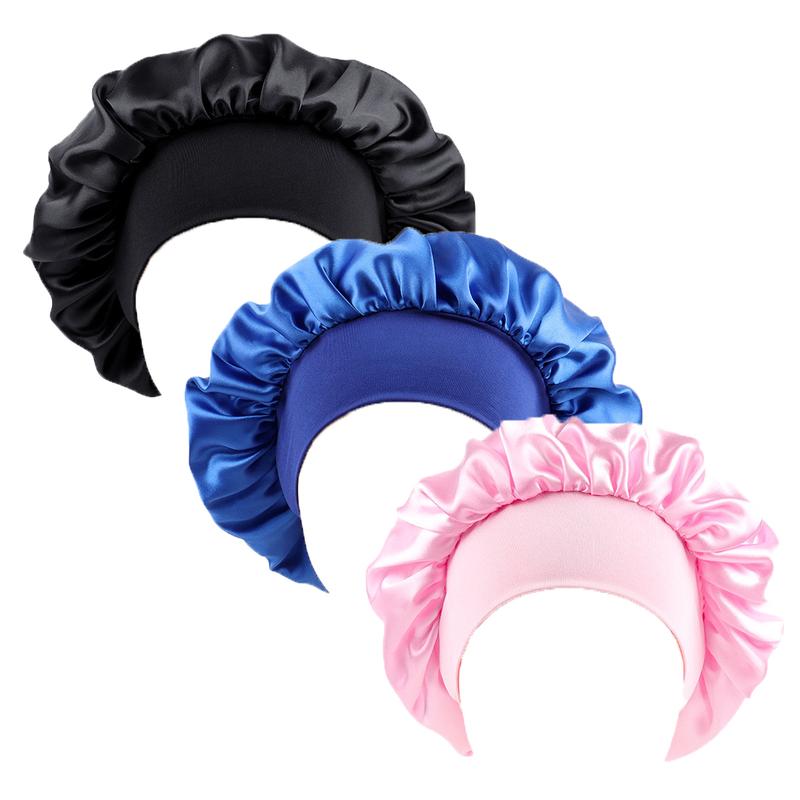 Luxurious Satin Bonnet Trio for Hair Care Set of 3 Bonnets for Black Women Men Silk-Lined Bonnets for Sleeping Hair Protection Shower