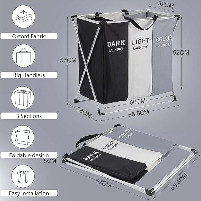 Laundry Cloth Hamper Sorter Basket Bin,Foldable 3 Sections with Aluminum Frame,Washing Storage,Dirty Clothes Bag for Bathroom Bedroom Home,Storage Basket (Black+Gray+White, 3 Liner)