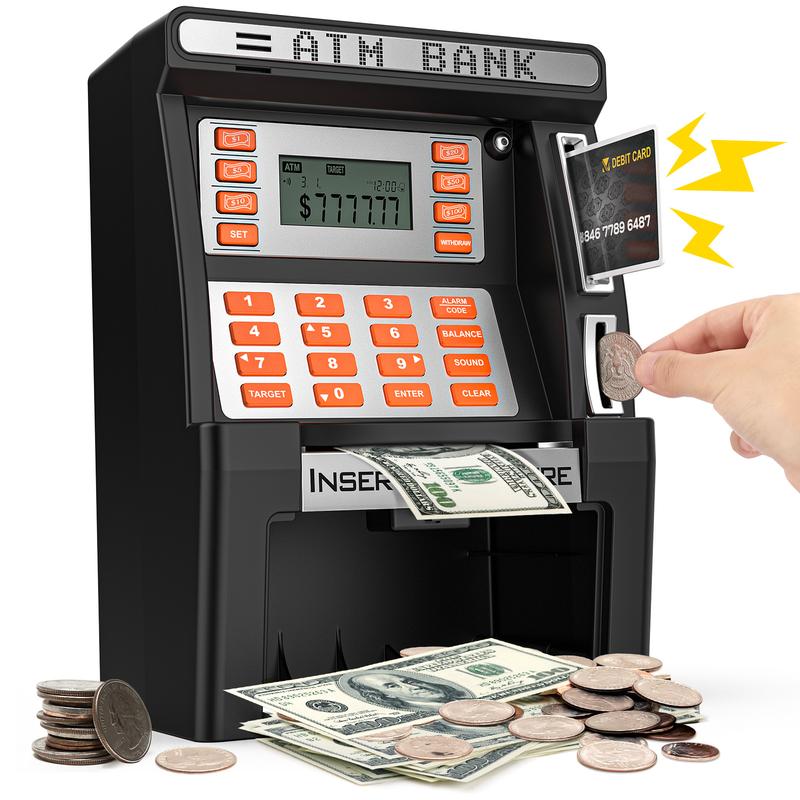 ATM Piggy Bank for Kids for Real Money Safe with Debit Card, Coin Recognition,Decor Ornaments,Bill Feeder,Balance Calculator, Digital Electronic Kids Piggy Bank Boalord for Boys Girls