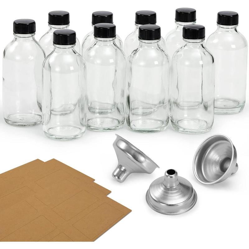 10 count, 4 oz Small Clear Glass Bottles with Lids & 3 Stainless Steel Funnels - 120ml Boston Round Sample Bottles for Potion, Juice, Ginger Shots, Oils, Whiskey, Liquids - NO Leakage