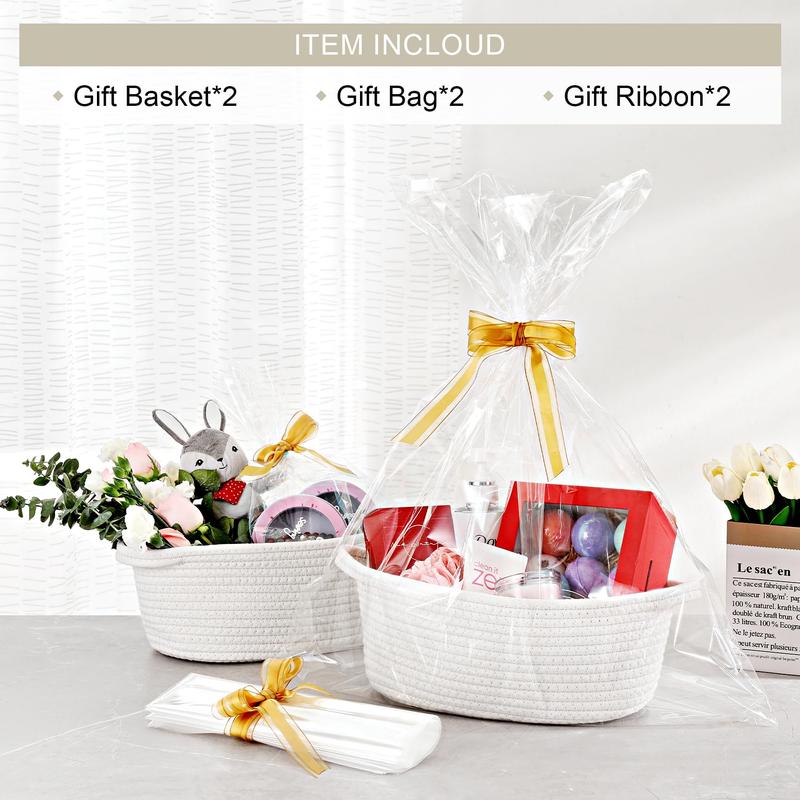 2 Pack Small Woven Basket with Gift Bags and Ribbons, Empty Decorative Gift Chest Box, Cute Gift Basket, Cotton Rope Room Shelf Storage Basket with Handles, All 12