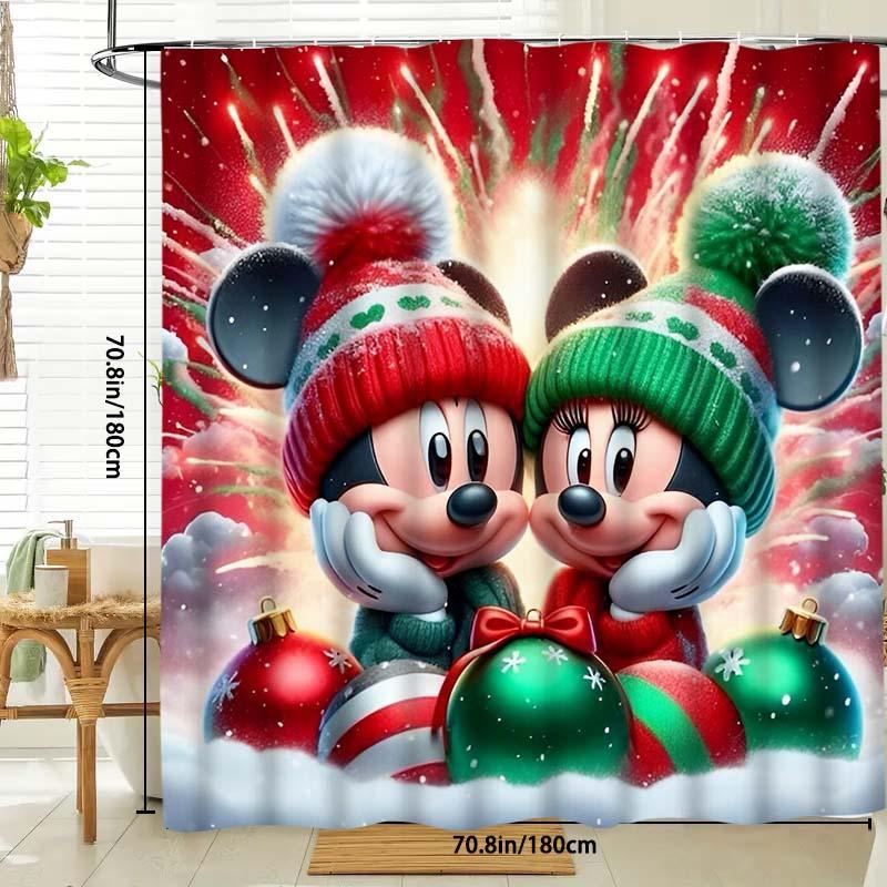 Mickey & Minnie Mouse Pattern Shower Curtain, 1 Count Waterproof Bathroom Curtain with Hooks, Bathroom Decor for Home Hotel Salon Dormitory