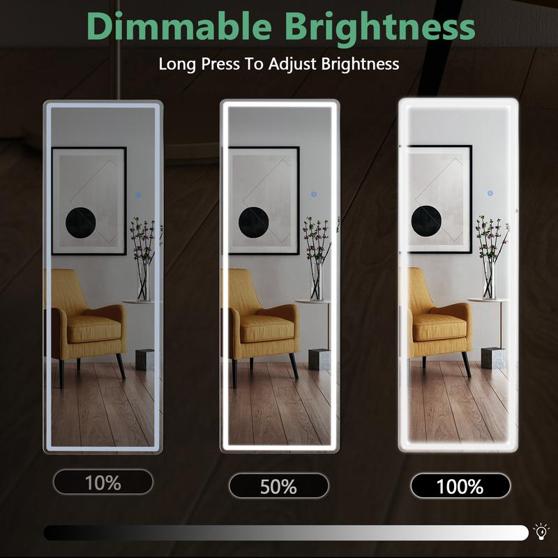 Crafted Comforts LED Illuminated Floor Mirror with Stand, 64”x21” - 3 Colors - Durable Decor Wall Glass Light, Upgraded Nano Glass Standing Switch