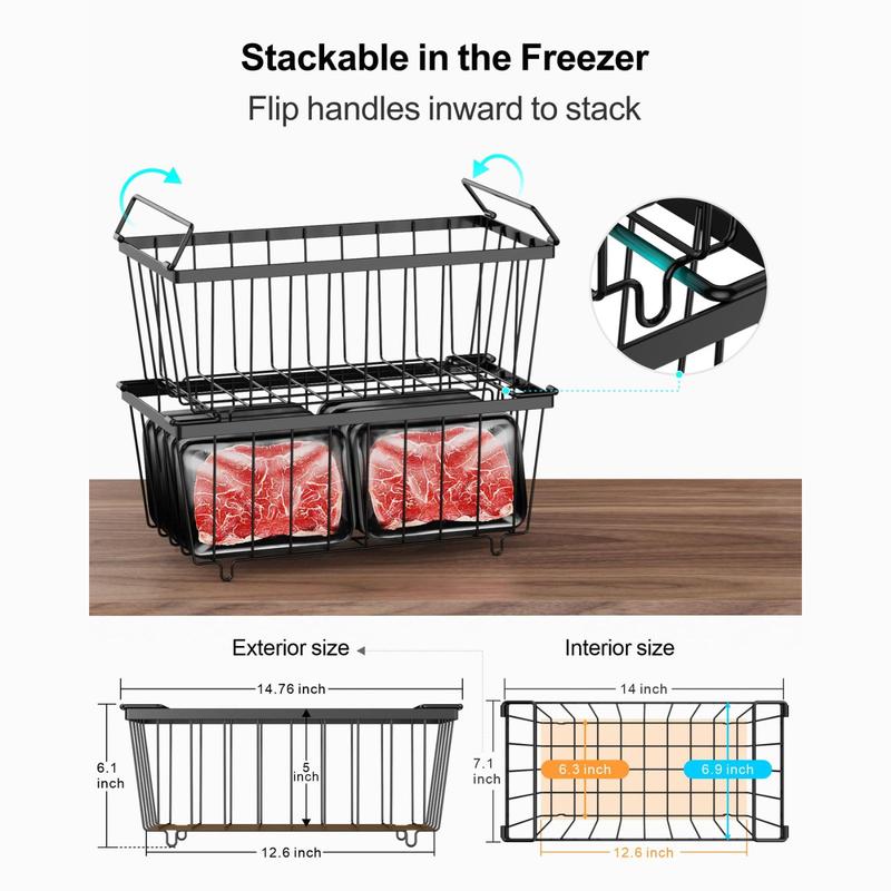 Deep Freezer Organizer Bins, Stackable Baskets for 7 Cu.FT Deep Chest Freezer Sort Frozen Meats, with Handle Add Space Easy Reach Boxes