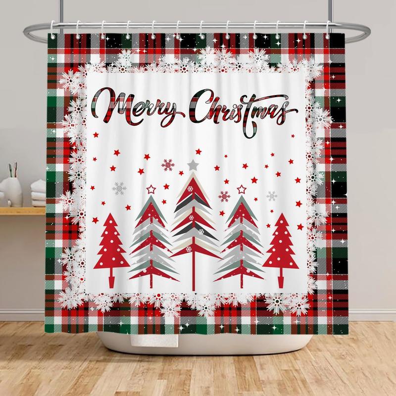 Merry Christmas Shower Curtain Red Green Buffalo Check Plaid Shower Curtain Sets for Bathroom 72x72 in with 12 Hooks