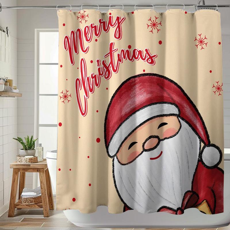 Santa Claus Pattern Bathroom Shower Curtain, 1 Count Merry Christmas Themed Bath Curtain with 12pcs Hooks, Bathroom Decoration Supplies for Home Dormitory Hotel