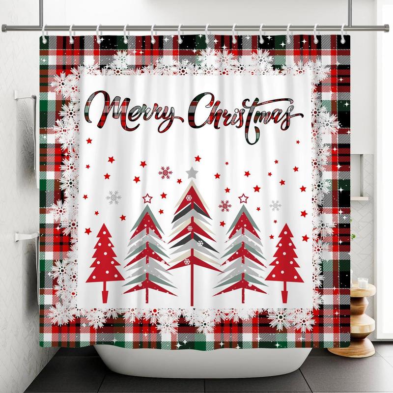 Merry Christmas Shower Curtain Red Green Buffalo Check Plaid Shower Curtain Sets for Bathroom 72x72 in with 12 Hooks