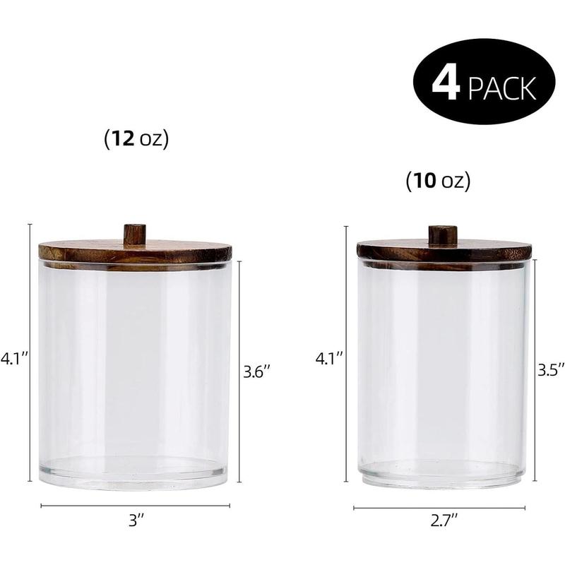 4 Pack Qtip Holder Dispenser Cotton Ball, Cotton Swab, Floss - 12oz, 10 oz Clear Plastic Apothecary Jars for Bathroom Organizer and Storage Containers (Brown Wood Lids) Bottles Tin Canister Wooden