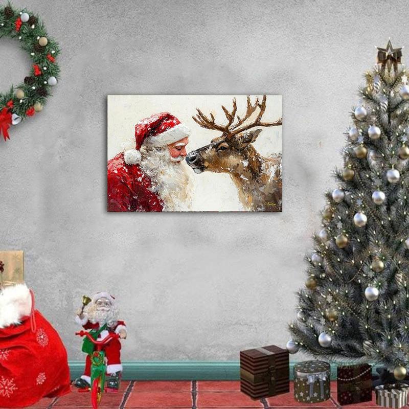 Christmas Santa Claus & Reindeer Wooden Frame Canvas Painting, 1 Count Winter Scene Wall Art, Wall Decor for Home Living Room Bedroom