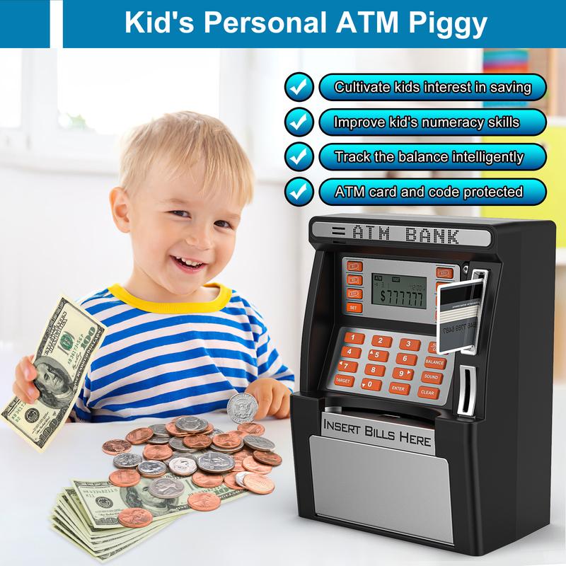 ATM Piggy Bank for Kids for Real Money Safe with Debit Card, Coin Recognition,Decor Ornaments,Bill Feeder,Balance Calculator, Digital Electronic Kids Piggy Bank Boalord for Boys Girls