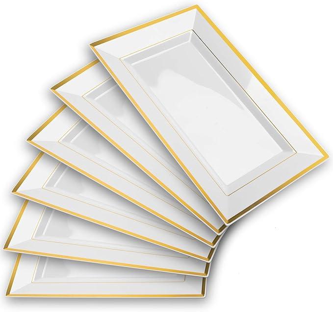 Elegant Plastic Serving Tray & Platter Set (6pk) - White & Gold Rim Disposable Serving Trays & Platters for Food - Weddings, Upscale Parties, Dessert Table, Cupcakes - 8 x 12.85 inches dessert tray