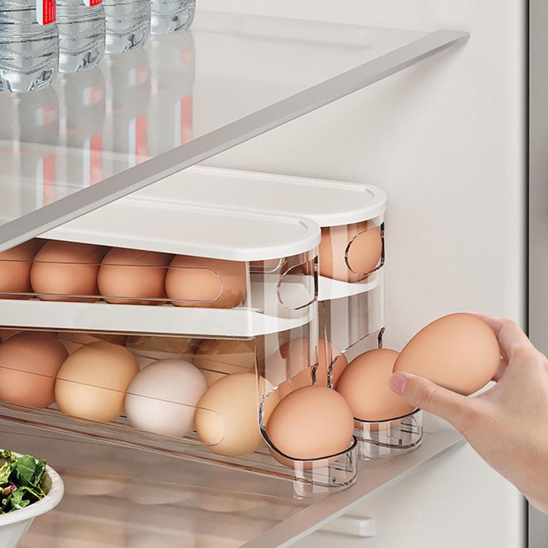 Clear Double Layer Egg Storage Box, 1 Count Space Saving Rolling Egg Holder, Egg Organizer, Egg Storage Rack for Refrigerator Side Door, Kitchen Egg Organizer