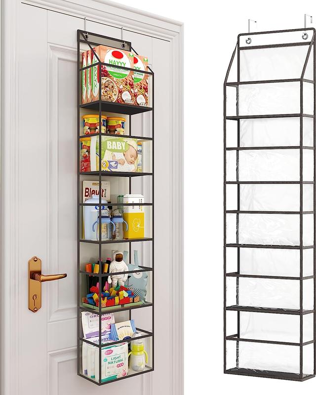 Over the Door Pantry Organizer, 5-Shelf Pantry Organizers and Storage, Room Organizer with Clear Plastic Pockets, 25lb Ultra Sturdy & Large Capacity, Home & Kitchen Essentials, White Grey