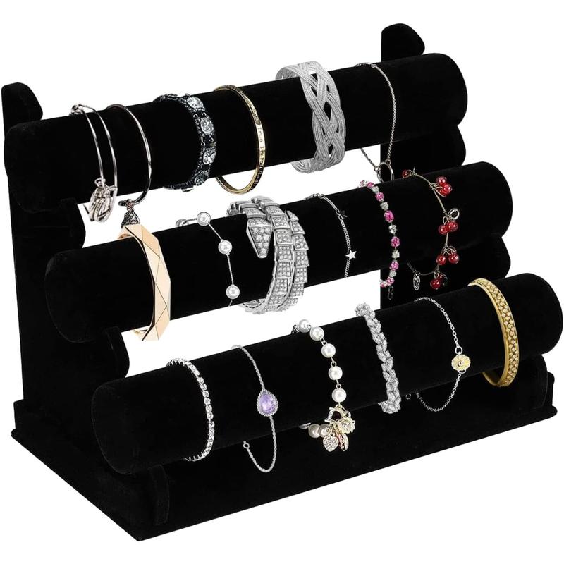 Velvet Bracelet Holder with 3 Tier Rack, Black Detachable Jewelry Display Stand T-Bar Necklace Storage Organizer for Bangles Watch Bracelets Scrunchies Organization Showcase