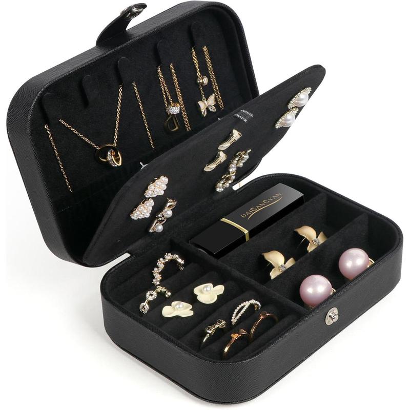 Travel Jewelry Box, Small Jewelry Organizer Boxes for Women Girls, 2 Layer Travel Jewlery Case, PU Leather Mini Portable Jewerly Storage Display Holder for Earrings, Ring, Necklaces, Bracelets - Black