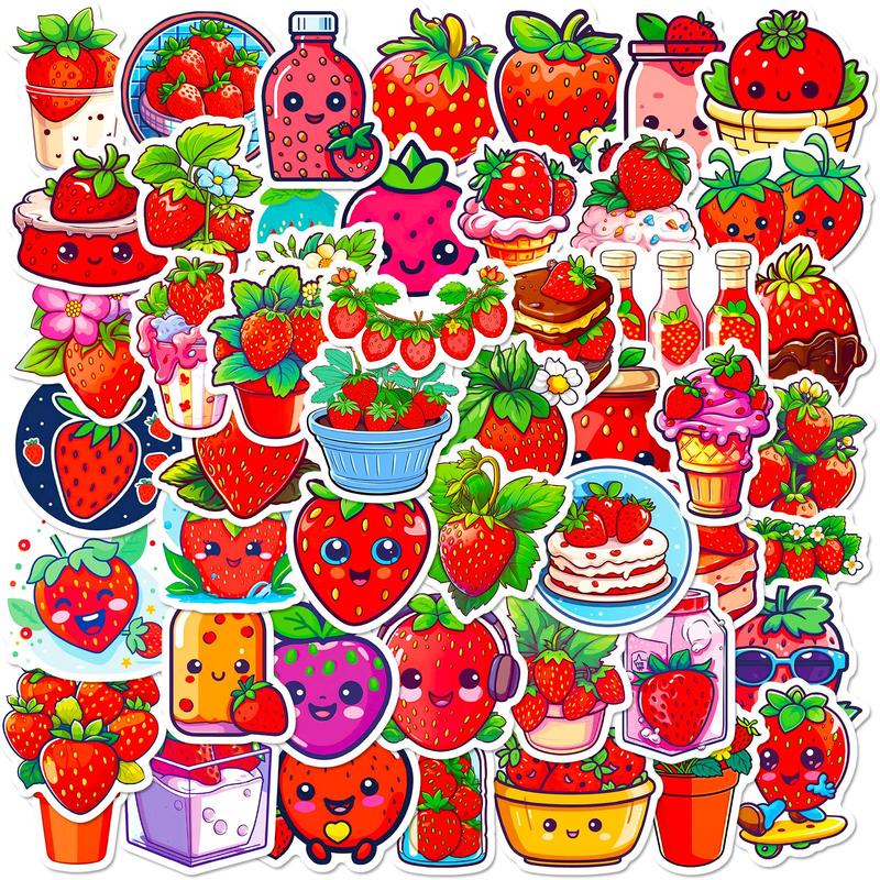 Cartoon Strawberry & Dessert Series Pattern DIY Decorative Sticker, 50pcs set Waterproof Self Adhesive Decor Paper, Decor Sticker for Gift Greeting Card Water Bottle Laptop Phone