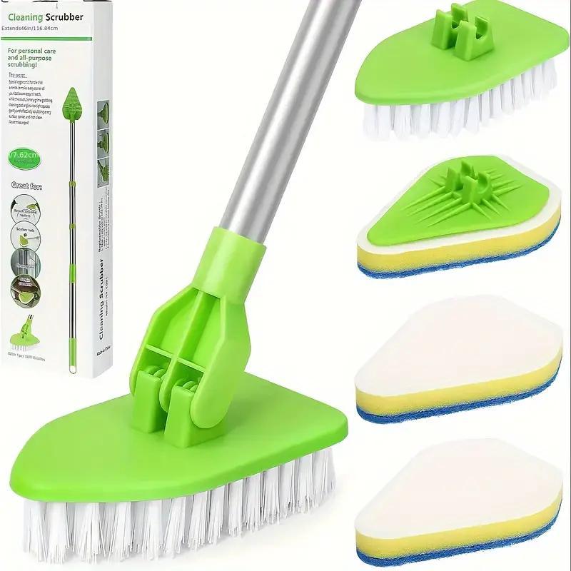 Shower Cleaning Scrub Brush with Long Handle, 1 Set Cleaning Scrubber with 3 Sponge Brush Heads and 1 Stiff Bristle, Cleaning Supplies, Home Care Supplies