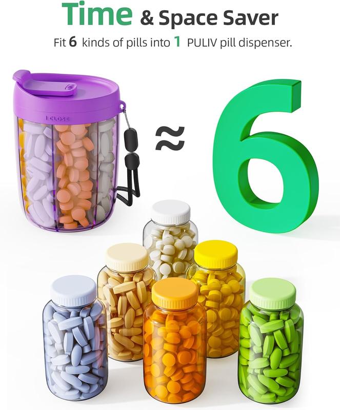 Container Large Supplement Organizer Bottle, Holds 6 Vitamins, Anti-Mixing Design, Easy Retrieval, Includes 20 Labels, Purple  Tin Strap Canister