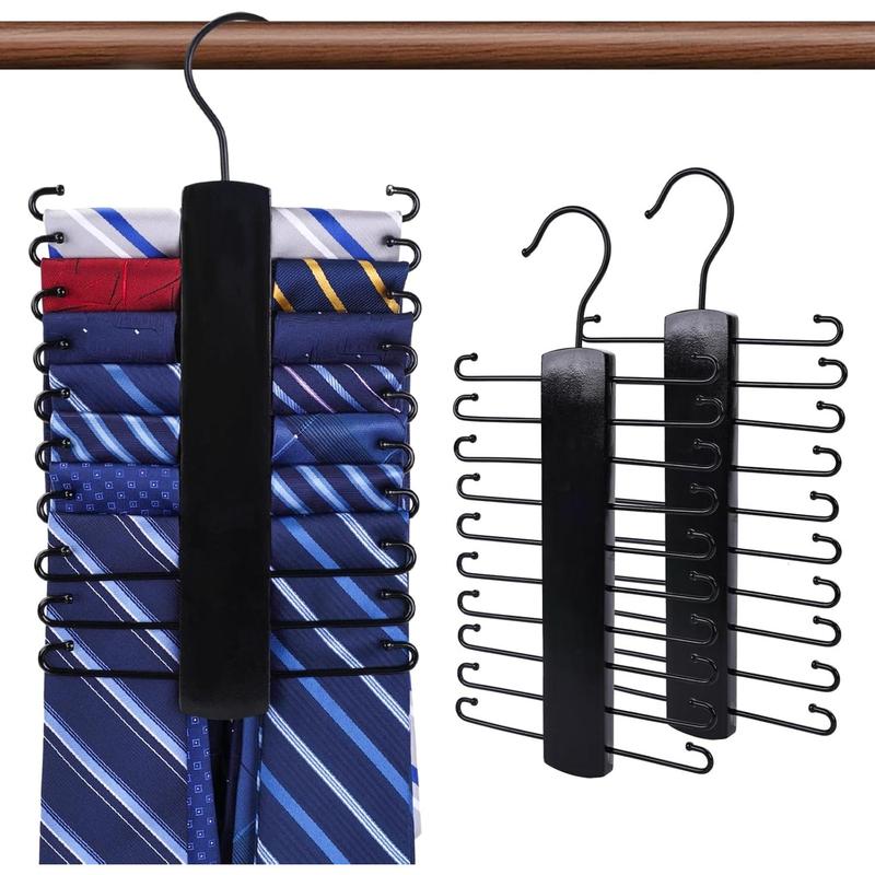 Wooden Tie Rack, Tie Hanger for Men Closet 20 Hooks 360 Degree Rotating Tie Organizer Hanging Space Saving Holder for Belt Scarf Tie Black