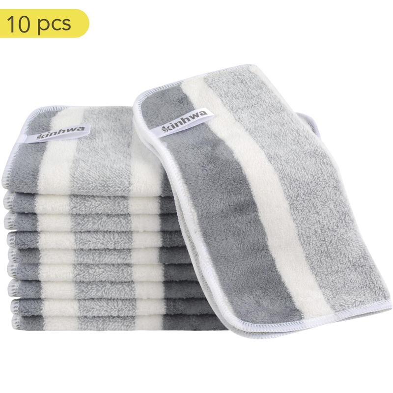 Microfiber Cleaning Cloths, 10pcs Gray and White Stripe Style Kitchen Wipes for Drying Dishes, Absorbent and Non-tracking, Reusable