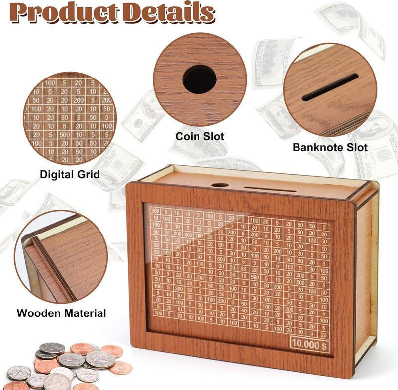 Money Saving Storage Box,Wooden Piggy Bank with Money Target & Numbers for Cash Saving 10000 Dollar