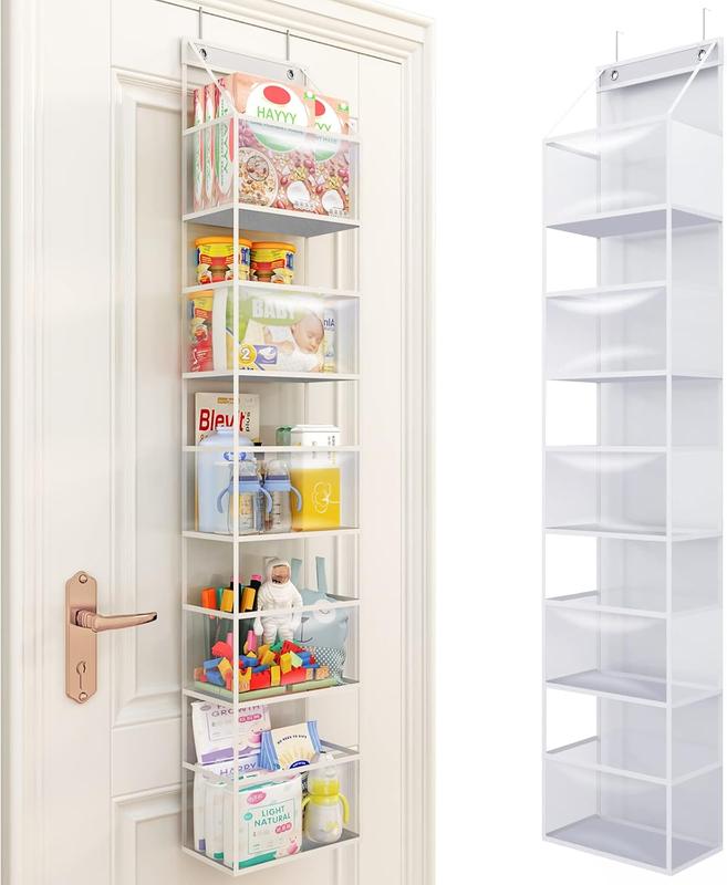 Over the Door Pantry Organizer, 5-Shelf Pantry Organizers and Storage, Room Organizer with Clear Plastic Pockets, 25lb Ultra Sturdy & Large Capacity, Home & Kitchen Essentials, White Grey