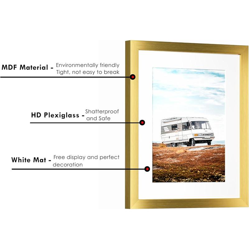 11x14 Picture Frame, Display Pictures 8 x 10 with Mat or 11 x 14 Without Mat for Wall Mounting Display, Photo Frames, Gold.