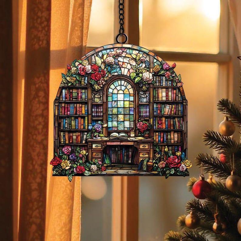 Book Lover’s Library Bookshelf Suncatcher, Acrylic Faux Stained Glass, Bookish Window Hanging Decor, Librarian and Teacher Gift Room Decor