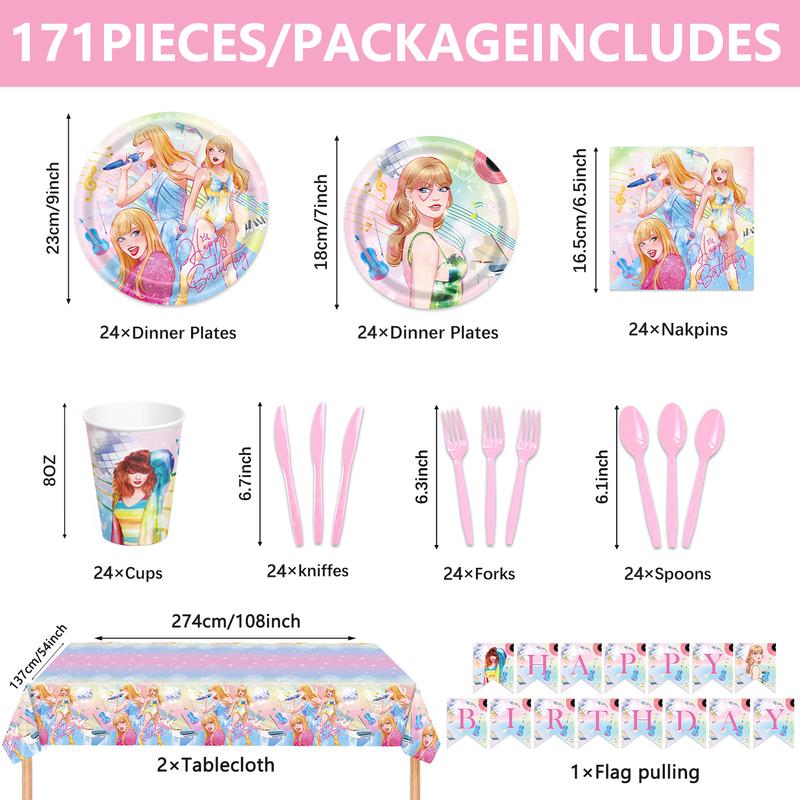 171 Count Disposable Tableware Birthday Party Supplies Singer Paper Plates Napkins Cups Plastic Tablecloths Music Singer Tableware Set Birthday Party Decorations Serves 24 Guests