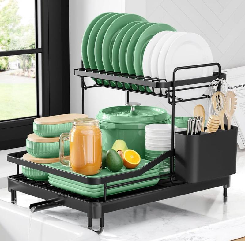 Dish Drying Rack in Sink Stainless Steel  Racks for Kitchen Counter Expandable Drainer with Removable Utensil Holder Black Organiser Set Box Tool