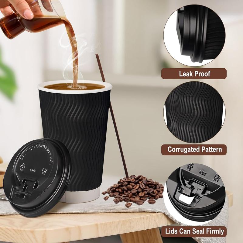 90 Pack 16-oz Disposable Coffee Cups with Lids and Straws, Insulate Ripple Wall To Go Coffee Cups Hot Coffee Tea Beverage Chocolate, Paper Cups for Home Office Cafe(Black & Blue)