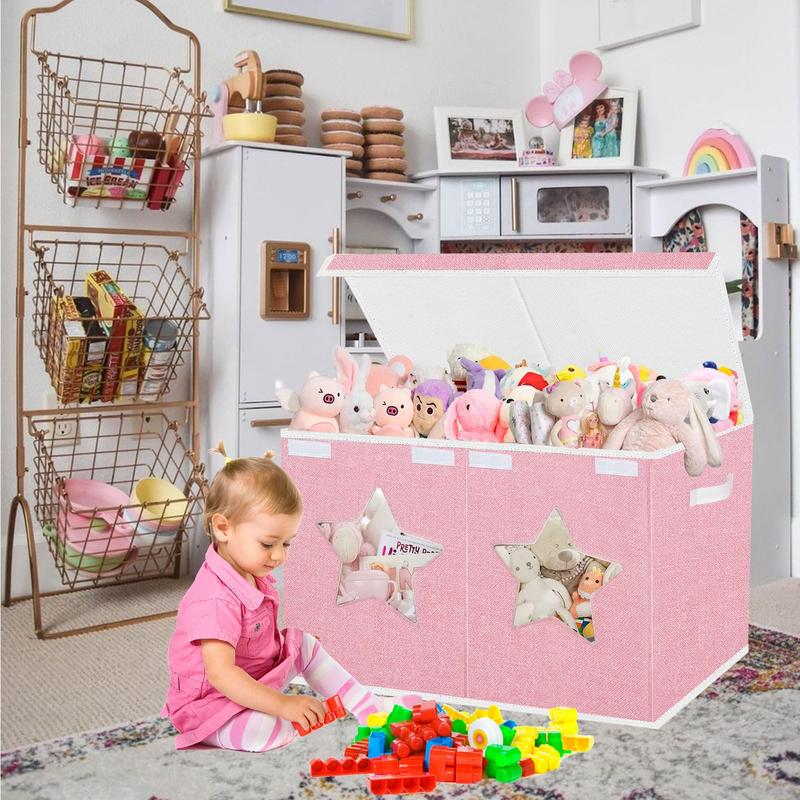 Large Toy Box for Girls, Toy Chest Box Organizer Bins with Star Transparent Windows, Sturdy Handles and Mesh Bag, Foldable Large Size Storage Box for Nursery, Playroom, Bedroom