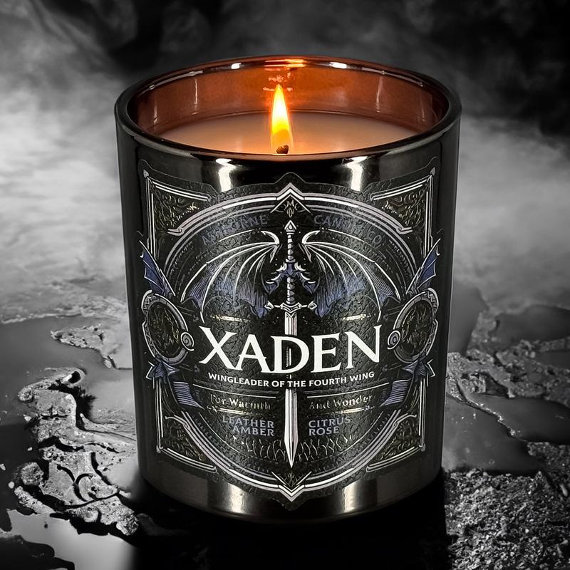 Xaden - Fourth Wing Inspired 8oz Scented Candle - Leather, Amber, Citrus, Rose - Natural Coconut Wax - 35 h Burn Time - Premium Foil Label dark candles