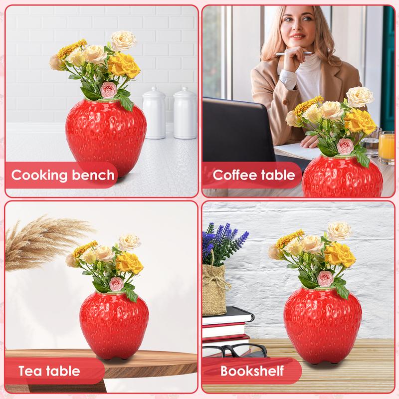 Strawberry Vase Ceramic Flower Vase Decorative Ceramic Vase Cute Strawberry Shape Vase Unique Vase for Flowers Realistic Strawberry Vase for Home Kitchen Office Decor Red