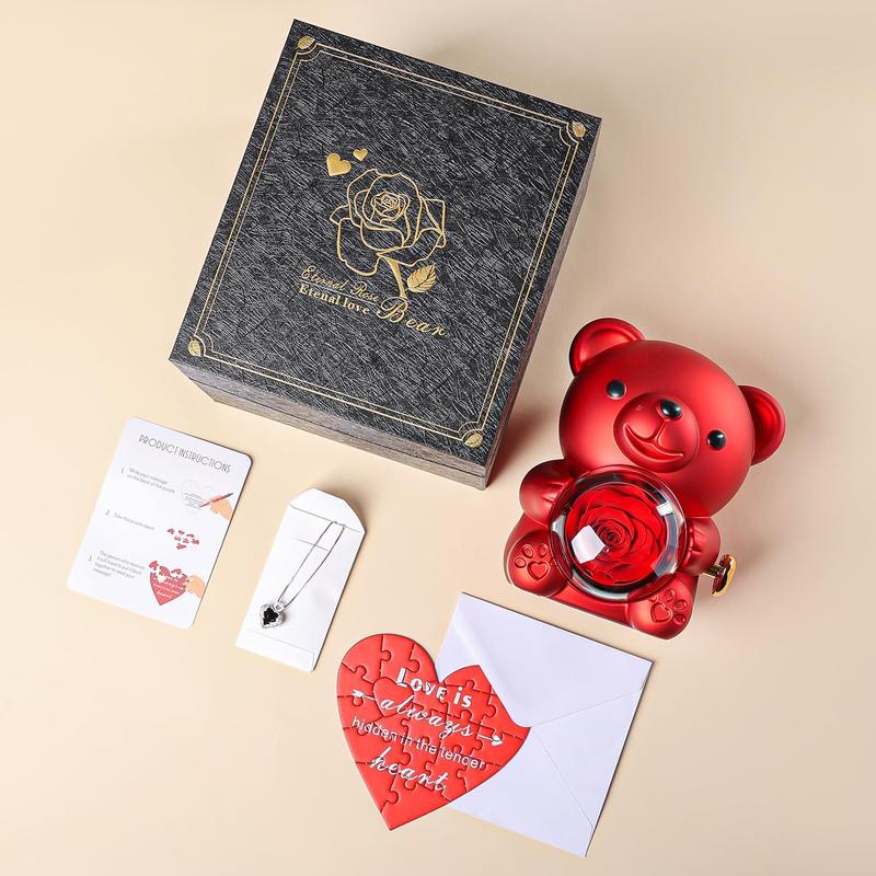 Romantic Teddy Bear with Preserved Rose, Real Rose Flower in Bear with Elegant Gift Box with Heart Shaped Necklace Romantic Gift for Couples, Wife, Husband, Her, Him in Valentine'S Day, Mother'S Day, Weddings, Anniversaries, and Bridal Showers Love (Red)