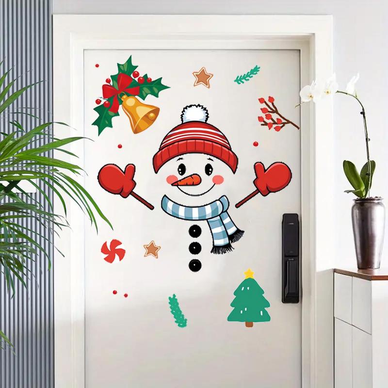 Cartoon Snowman Pattern Door Sticker, 1 Set Self Adhesive Window Decal, Decorative Sticker for Home Office Party, Home Decor