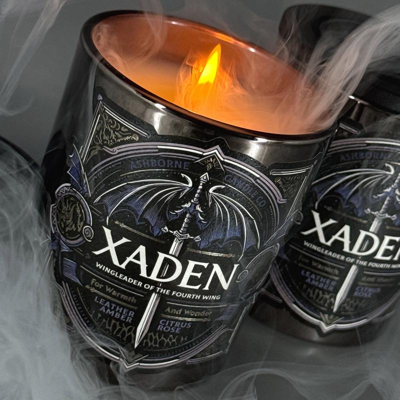 Xaden - Fourth Wing Inspired 8oz Scented Candle - Leather, Amber, Citrus, Rose - Natural Coconut Wax - 35 h Burn Time - Premium Foil Label dark candles