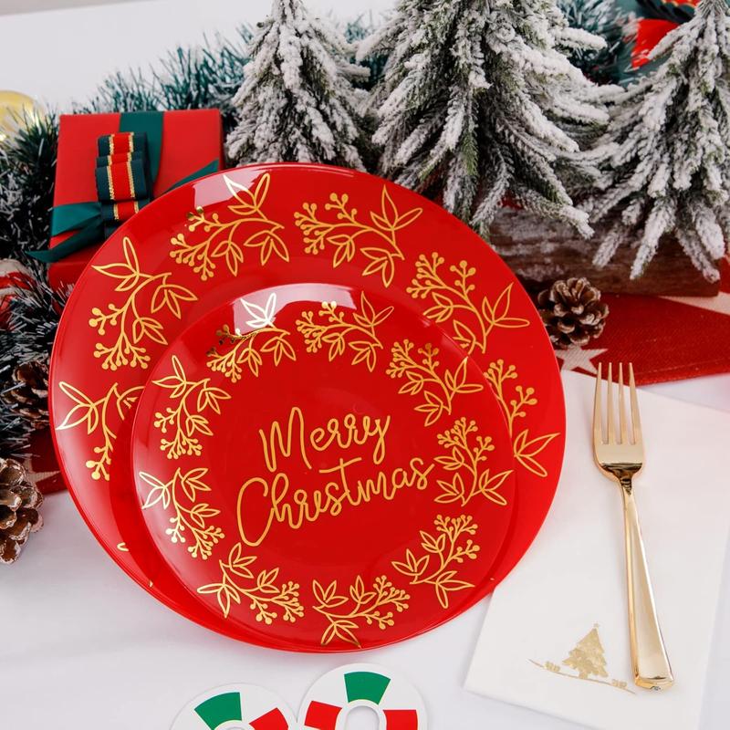 Nervure 175PCS Christmas Disposable Plates, Red and Gold Plastic Plates Set, Red Gold Dinnerware Set Includes: 50PCS Plates, 25Cutlery Sets, 25PCS Cups, 25PCS Napkins,for Christmas party, wedding