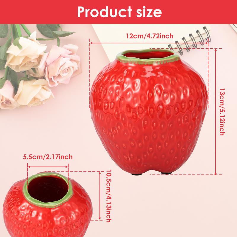 Strawberry Vase Ceramic Flower Vase Decorative Ceramic Vase Cute Strawberry Shape Vase Unique Vase for Flowers Realistic Strawberry Vase for Home Kitchen Office Decor Red