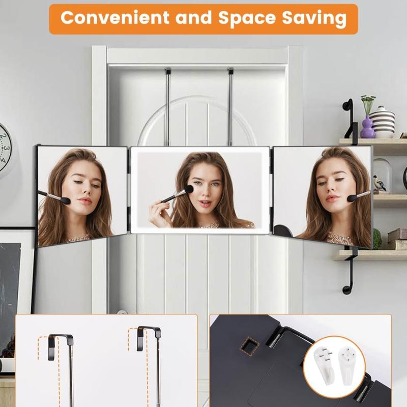 3 Way Mirror with 3 Colors Light, Rechargeable Self Cut Mirror Trifold Mirrors, Adjustable Barber Mirror Telescoping Hooks for Self Hair Portable