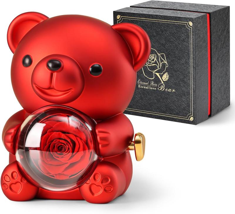 Romantic Teddy Bear with Preserved Rose, Real Rose Flower in Bear with Elegant Gift Box with Heart Shaped Necklace Romantic Gift for Couples, Wife, Husband, Her, Him in Valentine'S Day, Mother'S Day, Weddings, Anniversaries, and Bridal Showers Love (Red)