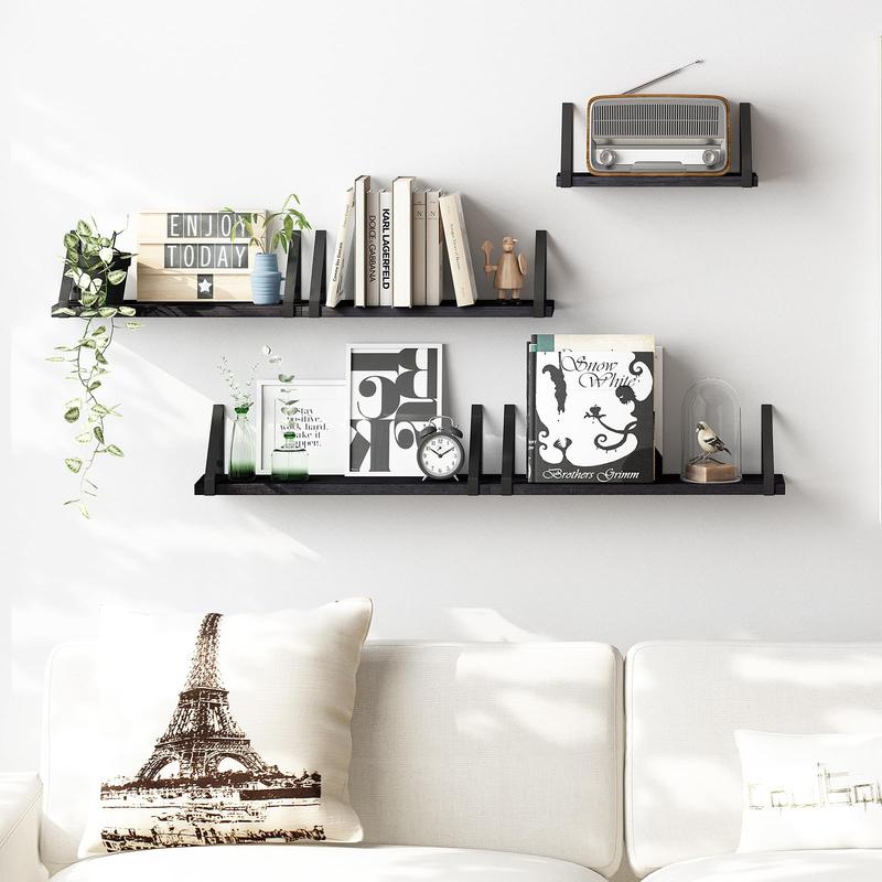 Floating Shelves, Width 4.7 Inches Wall Mounted Shelves Set of 5, Rustic Wood Storage Bookshelves, Farmhouse Decor for Bathroom, Bedroom, Living Room, Kitchen and Office (Black)