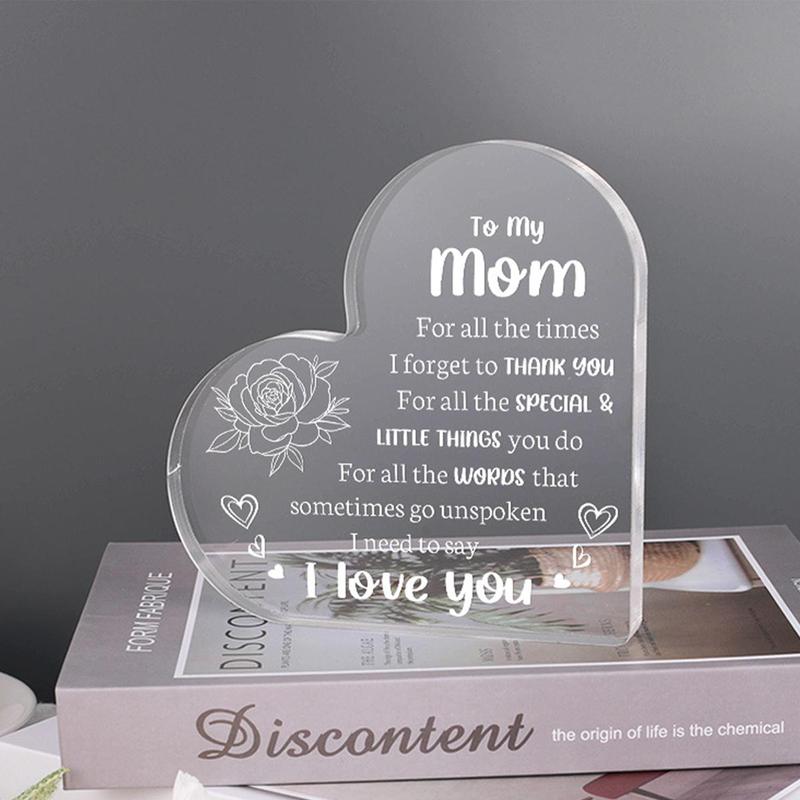 Heart Shaped Acrylic Block, Flower & Letter Pattern Decorative Ornament,  Room Decor Inspirational Creative Gift for Mom