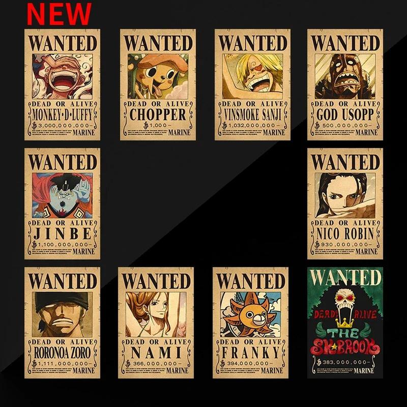 10PCS One Piece Anime Straw Hat Pirates Wanted Poster Vintage Kraft Pape Painting Living Room Bed Room Wall Decorate