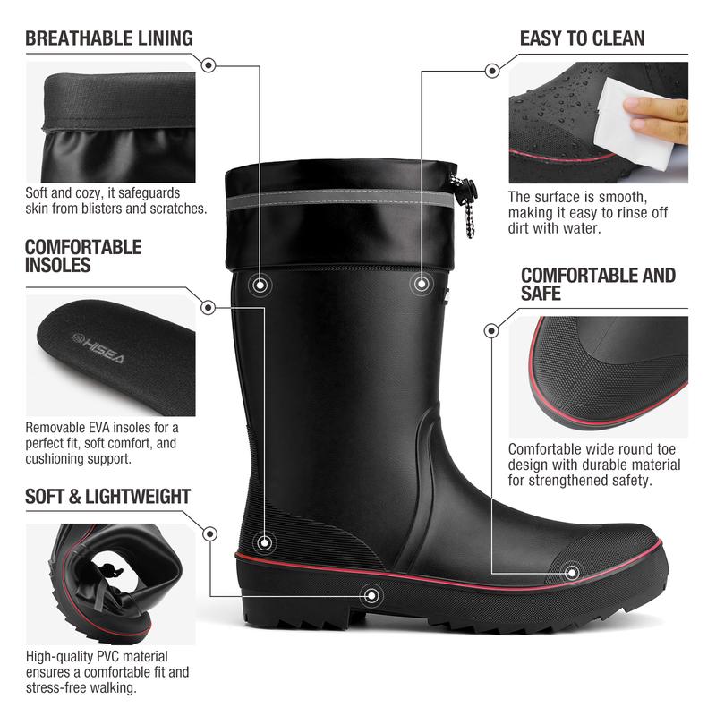 HISEA Men's Rubber Rain Boots Waterproof Durable Non Slip Mid Calf Boots for Garden Fishing Outdoor with Adjustable Closure