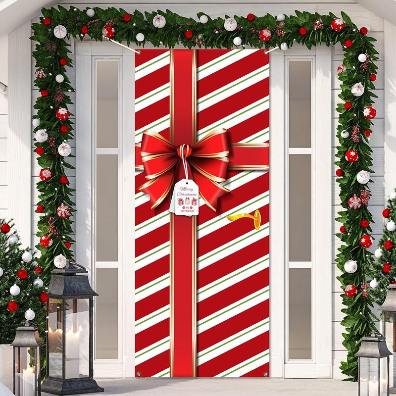 Christmas Door Cover Decoration Merry Box Bowknot Photography Backdrop Outdoor Sign for Home Wall Indoor Outdoor Party 35.4''*78.7''(Red)