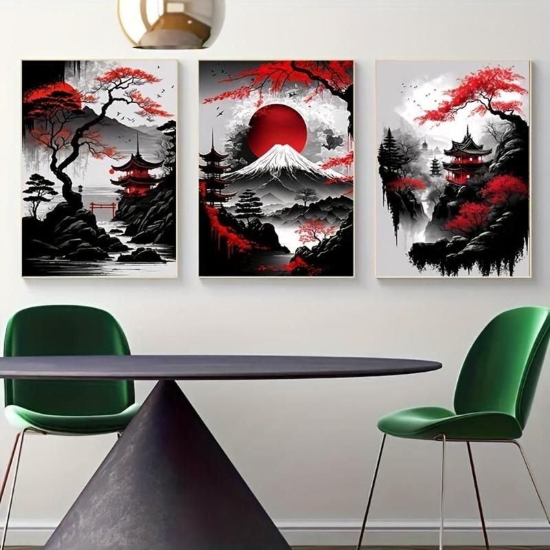 Comic Chinese Landscape Pattern Canvas Painting without Frame (3pcs set), Vintage Ink Art Wall Art Print for Living Room Bedroom Home Decor, Wall Art for Home and Office Wall Decor, Room Decor